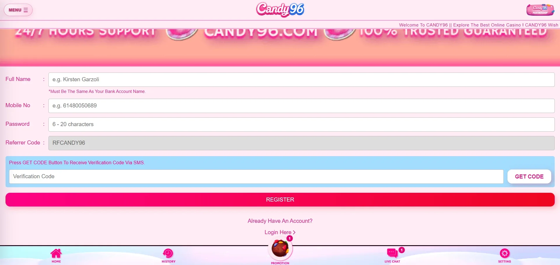 Candy96 Casino sign up